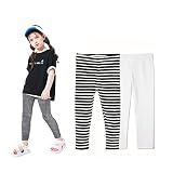 THEE BRON Toddler/Little Girls Basic Cotton Ankle Leggings Pants (2pk-White/Stripe, 3T/Toddler Girl)