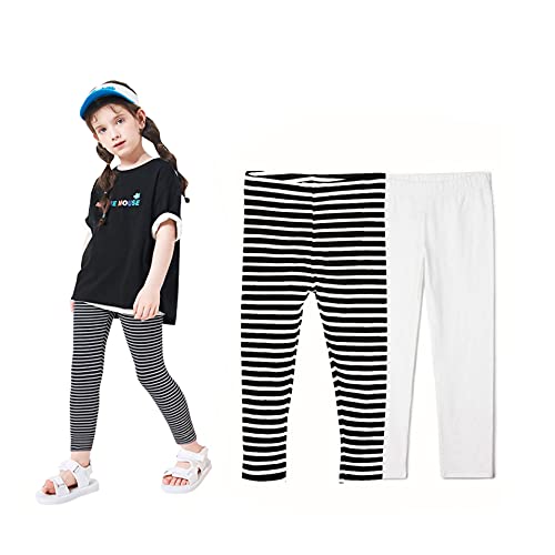 Thee Bron Toddler/Little Girls Basic Cotton Ankle Leggings Pants (2Pk-White/Stripe, 3T/Toddler Girl) #TOP12