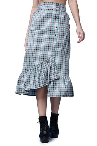 Image of POPWINGS Casual Check Print Long Flare Skirt for Women | Cotton Skirt for Women Skirt for Women