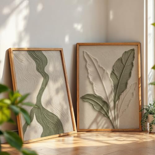 Image of NoWorries Textured Botanical Leaf Wall Painting Set of 2 with Frame | Sage Green & Beige Abstract Nature Artwork, Minimal Modern Wall Decor for Living Room, Bedroom, Office and Home Decoration (Art-1, 21x31inch)