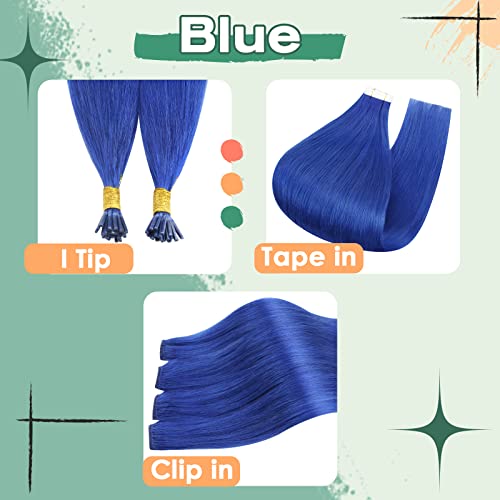 Image of Ugeat Blue Clip in Hair Extensions for Cosplay 20 Inch Hair Extensions Clip ins for Party Colorful Human Hair Clip ins Halloween Easy to Apply 4pcs 28g