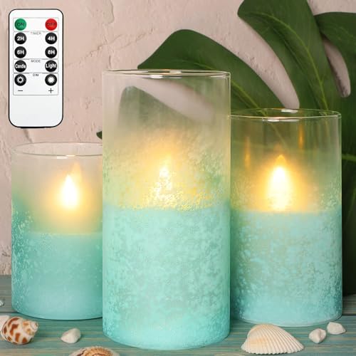 Image of Blue Flameless Candles with Remote Aqua Glass Handmade Sandblast Battery Operated Candles Flickering Decorative LED Pillar Candles for Home Bathroom Coastal Theme Wedding Decorations