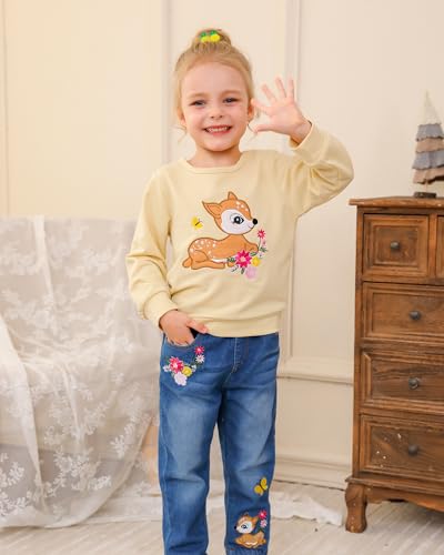 Kucnuzki 12-18 Months Girl Clothes Beige Deer Sweatshirt Jeans Outfit | Fall Winter Deer Clothing Set, Long Sleeve Crewneck Sweatshirt, Floral Denim Jeans For Baby Girls,School, Play, Daily Wear.