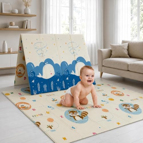 Image of StarAndDaisy Foldable Baby Play Mat 6 x 6.5 ft, 8MM Thick XPE Foam Playmat, Reversible 2-in-1 Design, Lightweight Cushioned Floor Mat for Crawling, Playing & Learning