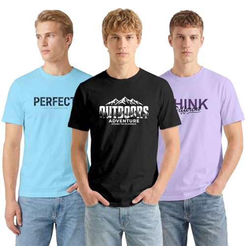 XENOVAURBAN Men's Printed T-Shirt Combo Pack of 3 | Regular Fit Cotton Tshirts for Man - RNM3-PRFCT-SKY-OTDR-BLK-THNKDF-LAV-M Deal