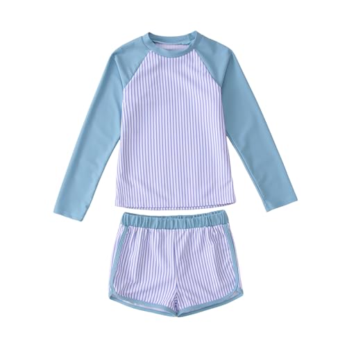 Image of GLIGLITTR Girls Rash Guard Swimsuit Set Long Sleeve Two Pieces Stripe Bathing Suits Kids Summer Beach Swimwear 7-12 Years