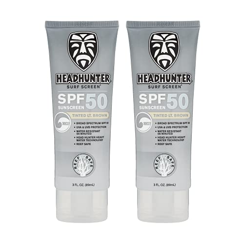 Headhunter Heavy Duty Reef Safe Sunscreen SPF 50 for Surfing - Natural Mineral Sunscreen Face Cream - Broad Spectrum UVA/UVB Safe, Skin Defense Against Damage - Tinted Light Brown Formula (2 Pack)