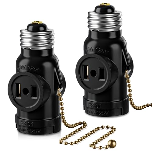 DiCUNO UL Listed E26 to 2 Polarized Outlet Socket Adapter Pull Chain Switch Control Light Bulb E26 Screw Base to 2-Prong Outlet Plug Splitter Converter Black 2-Pack