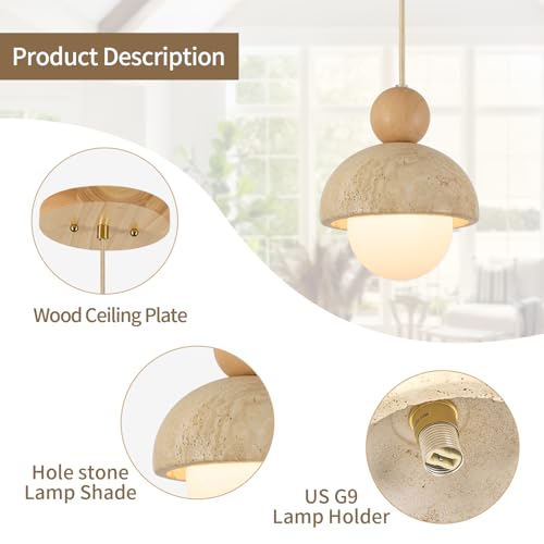 Image of Natural Cave Stone Pendant Lights Kitchen Island Japanese Wabi Sabi Pendant Light Fixture with Wood Ceiling Plate Hanging Lamp for Hallway, Bedroom, Dining Room 3 Packs