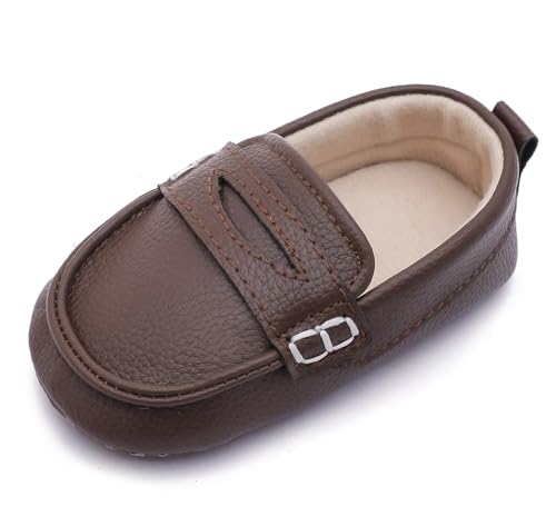 LONSOEN Baby Toddler Boys Girls Loafers Newborn Leather Moccasins Infant First Walking Dress Shoes 6-12 Months, Coffee BAY235