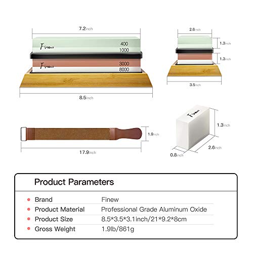 Knife Sharpening Stone Kit, Finew Professional Whetstone Sharpener Stone Set, Premium 4 Side Grit 400/1000 3000/8000 Water Stone, Non-slip Bamboo Base, Flatting Stone, Angle Guide and Leather Strop
