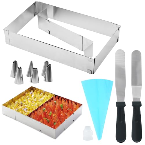 JASFLY Marco para hornear rectangular, longitud ajustable, 28 – 53 cm, anillo para tartas, reutilizable, de acero inoxidable, molde rectangular con divisor, espátula, juego de boquillas decorativas