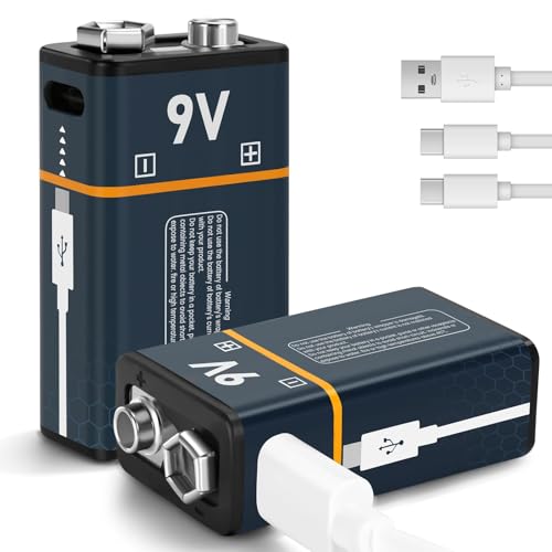 seyyen Rechargeable Lithium Batteries 9V with 4 in 1 USB Charging Cable,650mAh 9 Volt Li-ion Battery for Smoke Detector,Metal Detector,Microphone(2Pcs)