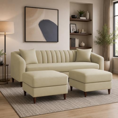 Image of Doraldo 3 Seater Sofa Set with 2 Ottoman for Living Room (Cream) Premium Fabric Sofa