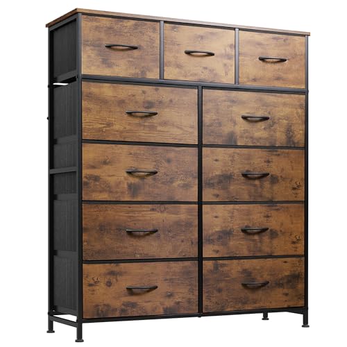 WLIVE Tall Dresser for Bedroom, Fabric Dressers Storage Tower, Dresser & Chest of Drawers Organizer Unit with 11 Drawers, Storage Cabinet, Hallway, Closets, Steel Frame, Wood Top, Rustic Brown