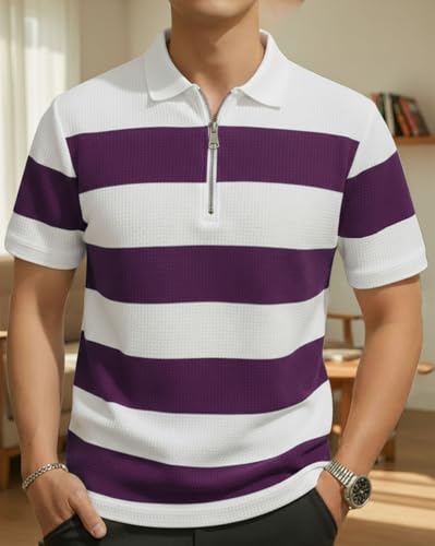Image of AUSK Men's Textured Vertical Striped Knit Polo T-Shirt | Half Sleeve Zipper Neck Self-Design Casual Tee | Mens Tshirts