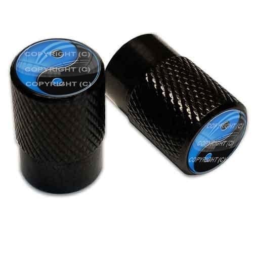 SIMPLE KITCHEN MEALS 2 Black Aluminum Knurled Motorcycle Valve Caps - Blue Black YIN YANG TT120 Style 333-50