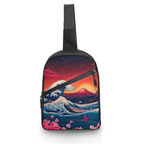 Japanese The Great Wave Fuji Mount Chest Bag Foldable Crossbody Unisex Pack Travel Hiking Adjustable Shoulder Straps Sling Bags