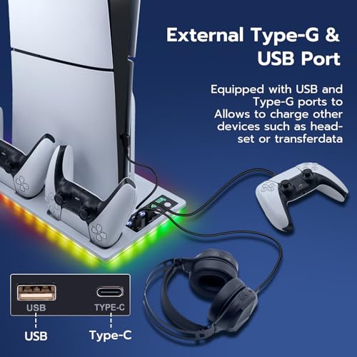 Tolesum Soporte para PS5 / Slim/Pro, Ventilador de Refrigeración de 3 Velocidades, Cargador de Controlador para PS5 con Indicador RGB, Estación de Carga PS5 Slim Digital/Disc Edition con 2 USB - imagen 6