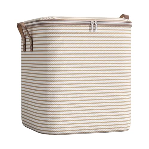LOL-FUN 衣類収納バッグ 収納ボックス 蓋付き 100L 強化ハンドル トートバッグ 引越し用ボックス 寮用 セーター リネン 枕 掛け布団, ベージュのストライプ