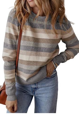 KevaMolly Womens Long Sleeve Sweaters Color Block Ribbed Edge Round Neck Sweater Casual Daily Striped Sweater Tops
