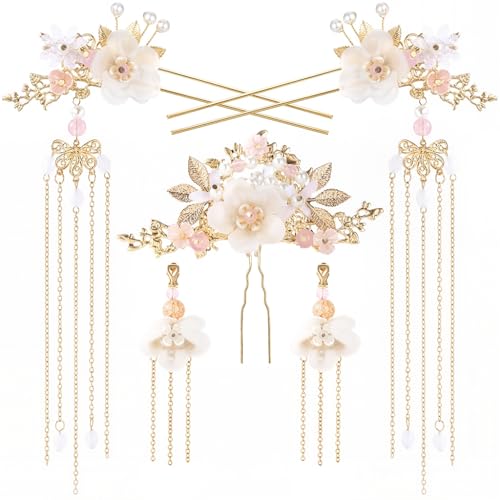 Image of MAYCREATE 5Pcs Flower Tassels Hair Pin Crystal Rhinestone Pearl Headpiece Drop Earrings Retro Brides Hair Accessories for Women Girls