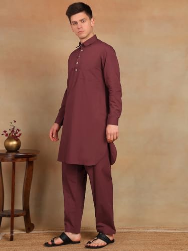Image of See Designs Men's Full Sleeve Shirt Collar Solid Pathani Kurta with Salwar