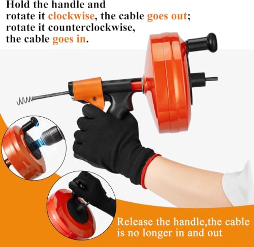 Image of 50 FT Drain Snake Auto-Feed Drill Attachment Plumbing Auger | 50 FT Drain Snake Auger, Auto-Feed & Drill-Powered, Heavy Duty Steel Cable, Gloves & Hair Removers