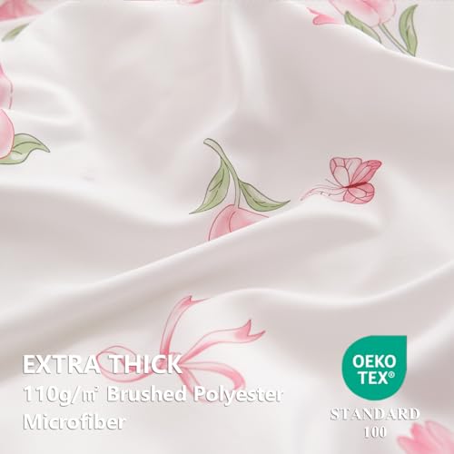 Image of Floral Duvet Cover Twin Size Pink White Flower Reversible Comforter Cover Set Butterfly Bow Heart Soft Breathable Microfiber Bedding Set with Zipper Closure and 1 Pillowcase
