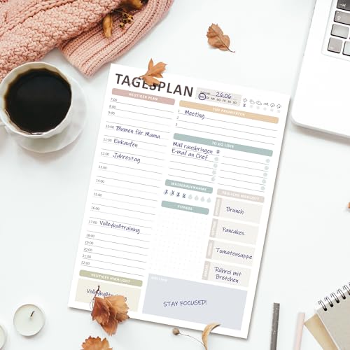 BIROYAL A4 Tagesplaner Block ohne festes Datum, 50 Seiten | Zeitmanagement und Gesundheitstracking für den Alltag | To Do Liste Block | Home Office Gadget, Büro Organisation, ADHS Planer Erwachsene