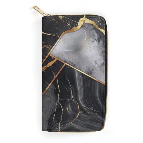 Black Marble Texture Gold Print Long Wallet for Women Men PU Leather Card Holder Organizer with Zipper Coin Pocket & Cash Slots