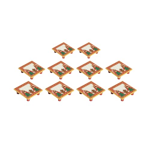 Image of Handicrafts Paradise (4 x 4 inch, Set of 10 Pc) Marble Pooja Chowki with Kalash (Multicolour) Home Mandir, Idols Statues Pratima, Home Decor Showpiece for Bulk Return Gifts