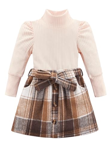 Image of URMAGIC Toddler Girl Outfits Turtleneck Long Sleeve Ribbed Shirt Tops Plaid Mini Skirts 2Pcs Set Fall Winter Clothes 2-7T