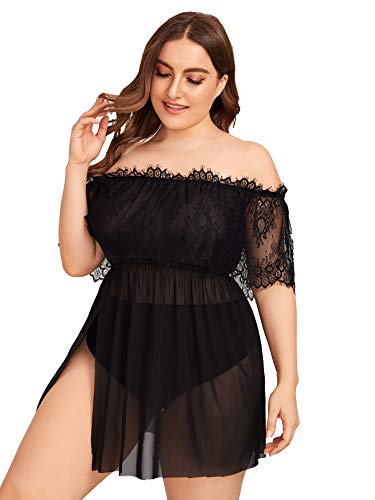 Romwe Women's Plus Size Sexy Off Shoulder Lace Mesh Lingerie Chemise Babydoll Sleepwear Black 1Xl #TOP7