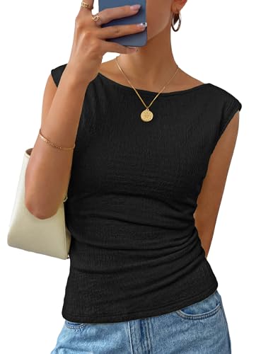 ZESICA Womens Summer Ruched Trendy Tank Top 2026 Cap Sleeve Boat Neck Slim Fit Cute Tops Going Out Tee Shirts Fashion Black Medium