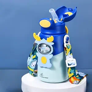 R for Rabbit Steebo Zoobie Premium Stainless Steel Water Sipper for Baby, Spill Proof BPA Free Soft Silicone Straw Drinking Sipper for Kids of 12+ Months (550ml, Blue Deer)
