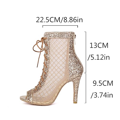 Image of Women's Lace Up Dance Heels Open Toe Mesh Sparkling Sequin Booties Peep Toe Stiletto High Heel Dance Shoes