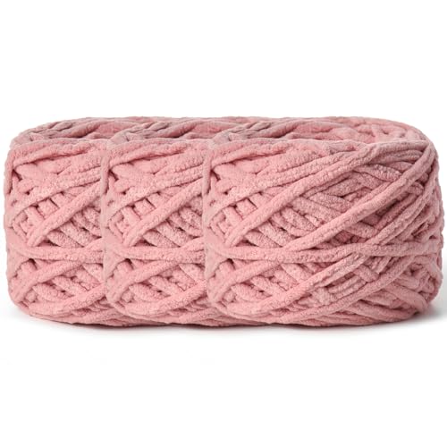 Image of 3 Pack Fluffy Chenille Chunky Yarn for Crocheting 100g(65.6yd) - Baby Yarn for Crocheting Soft - Velvet Yarns for Crochet Blanket - Amigurumi Crochet Yarns(Dark Pink