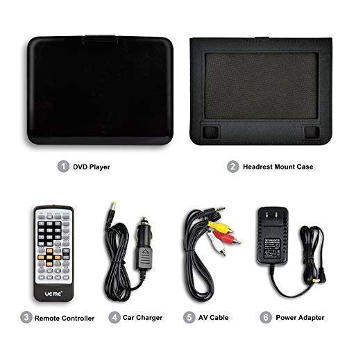 UEME DVD Player Portable with 10.1 Inch Swivel Screen, with Car Headrest Mount Holder, Remote Control, Car Charger, Power Adaptor, Built-in Rechargeable Battery, Region Free Players (Black)