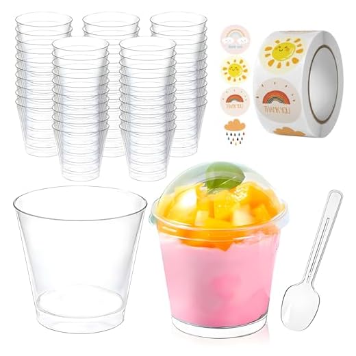 Juego de 50 Tazas de Postre con Cucharas, 7oz/210ml Copas de Postre,Mini Vasos de Postre Reutilizables con tapa, cuchara ,pegatina, para aperitivos servir para boda, cumpleaños, fiesta (Transparente)