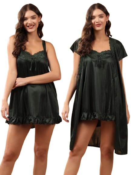 Image of Women 2 Pieces Bridal Light Green Satin lace Self Design Night Wear Lingerie Babydoll Set Satin Short Nighty with Lace & Robe
