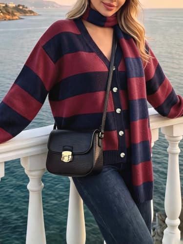 Womens Stripe Long Sleeve Cardigan Sweaters with Scarf - image 3