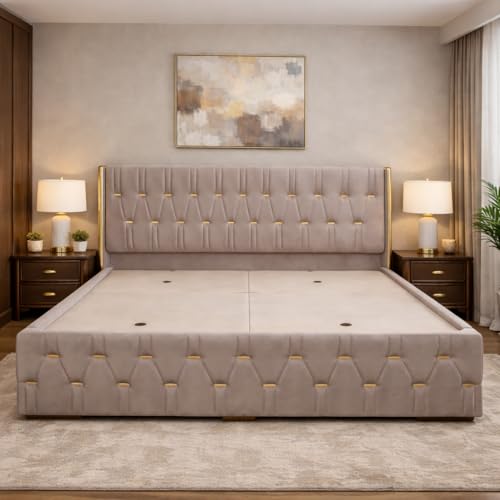 Image of Royal Aura Upholstered King Size Bed with Box Storage for Bedroom | Elegant Wooden Double Bed with Storage | Platform Cot Palang with Tufted Headboard | 6.5 x 6 Ft | Sheesham Wood | Navy