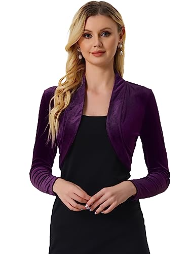 Image of Allegra K Women's Long Sleeve Velvet Shrug Cocktail Party Open Front Cropped Bolero Cardigan Top