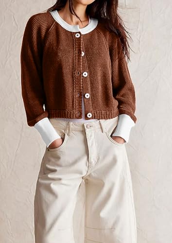 Image of loveimgs Women Knitted Button Down Cropped Cardigan Jacket Sweater Y2k Fall Knit Color Block Sweater Crewneck Crop Short Coat