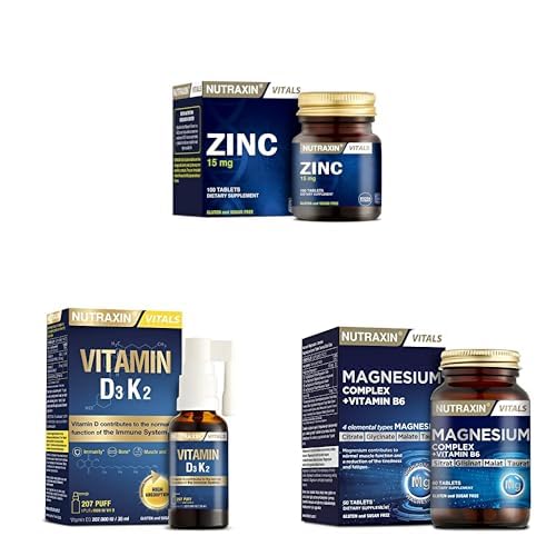 Nutraxin Seti | Vitals Zinc 15 mg 100 Tablet x1 + D3K2 Vitamin 30 Ml x1 + Magnesium Complex 60 Tablet x1