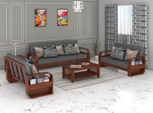 Image of Sheesham Wood 7-Seater Sofa Set for Living Room - Solid Wooden Furniture with Grey Cushions, 40 Density Foam, Natural Finish - Comfortable Sofa for Home & Office