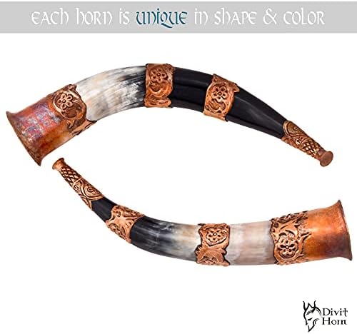D H Divit Genuine Viking Drinking Horn with Iron Stand | Authentic Medieval Beer Drinking Horn | Brass Adornments & Burlap Gift Sack Included | 16 oz Capacity | (Copper, Polished)