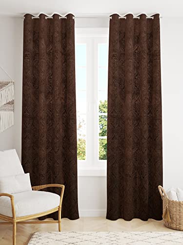 Image of Homefab India 1 Piece Velvet Emboss Long Door Curtain - 8 feet, Room Darkening Curtains, Brown