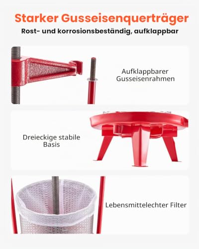 VEVOR Obstweinpresse Obstmühle Apfelmühle (14 L), Edelstahlkorb mit dreieckiger Struktur, manueller...